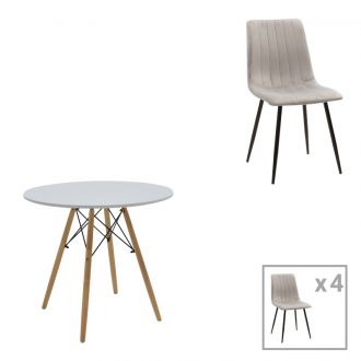Τραπεζαρία Julita-Noor pakoworld σετ 5τεμ  MDF λευκό-γκρι-πόδια φυσικό Φ80x73εκ