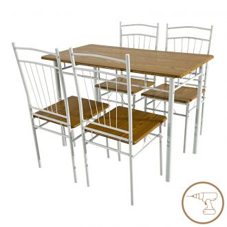 Τραπεζαρία Roza II pakoworld σετ 5τμχ mdf σε φυσική απόχρωση με λευκά μεταλλικά πόδια 110x60x74εκ
