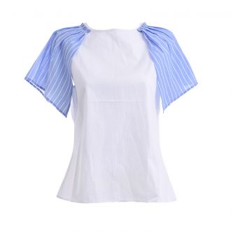 Inart ΜΠΛΟΥΖΑ ΛΕΥΚΗ ΜΕ ΜΠΛΕ ΡΙΓΕ ΜΑΝΙΚΙ MEDIUM (100% COTTON)