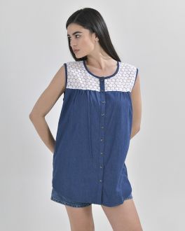 Inart ΜΠΛΟΥΖΑ ΑΜΑΝΙΚΗ DENIM ΜΕ ΛΕΥΚΟ ΚΕΝΤΗΜΑ ONE SIZE